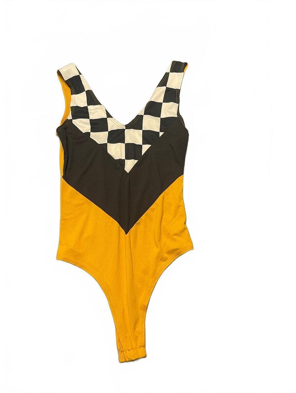 Discreet Vintage Y2K Colorblock One-Piece Bodysuit in Mustard and Black, Size M